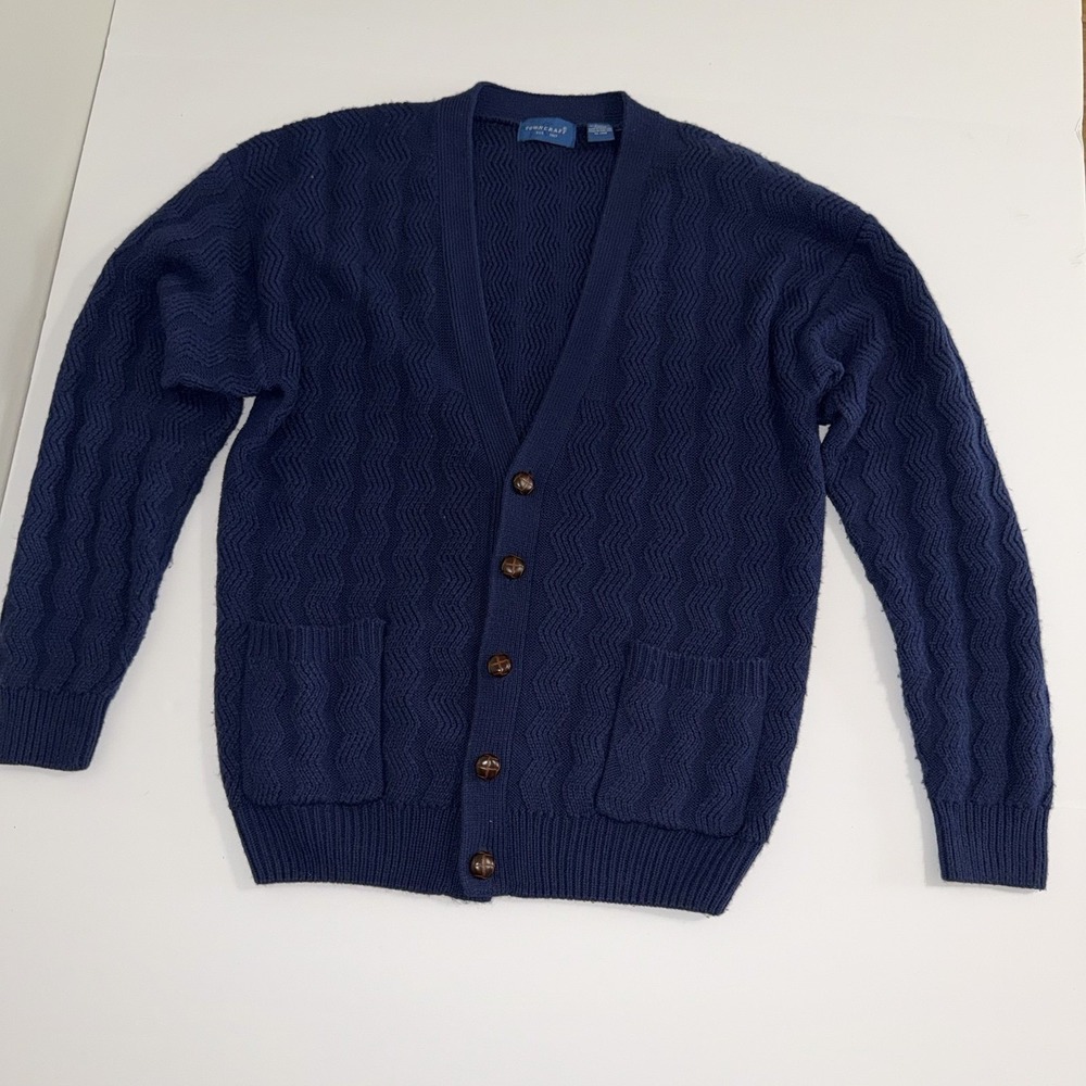 Vintage Towncraft Mens Cardigan Medium Navy Cable Knit Grandpa Fisherman Preppy